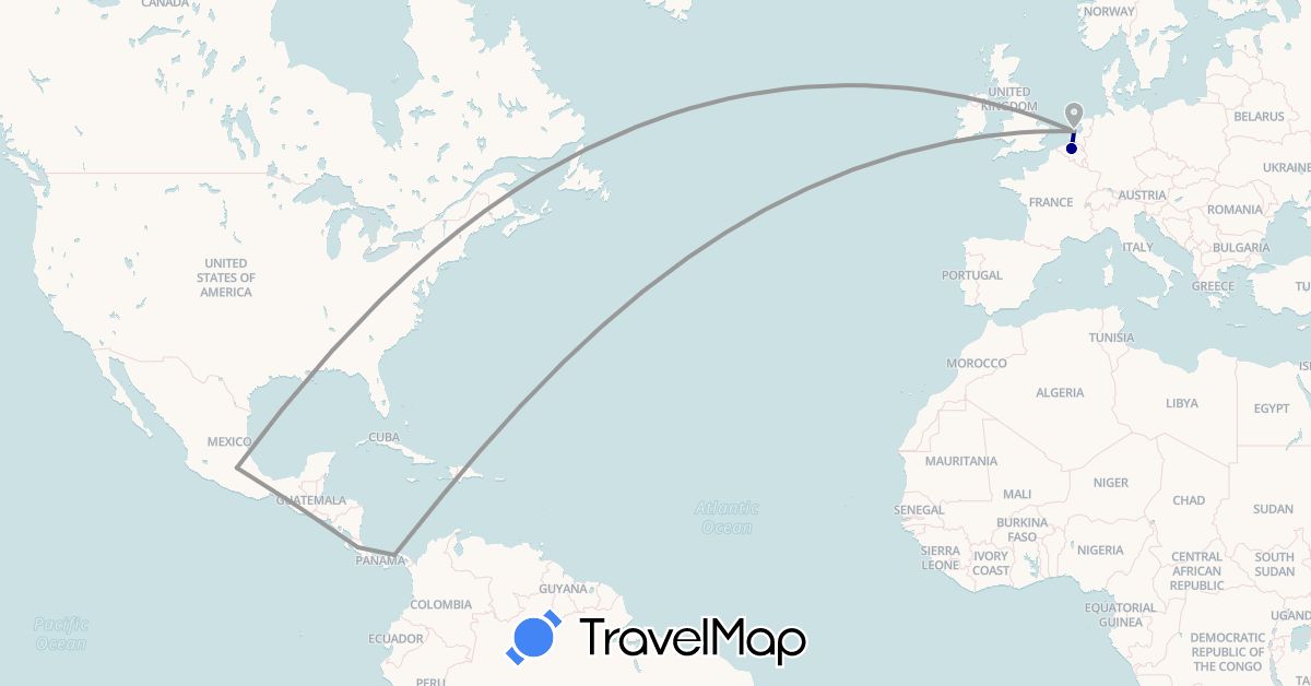 TravelMap itinerary: driving, plane in Belgium, Costa Rica, Mexico, Netherlands, Panama (Europe, North America)